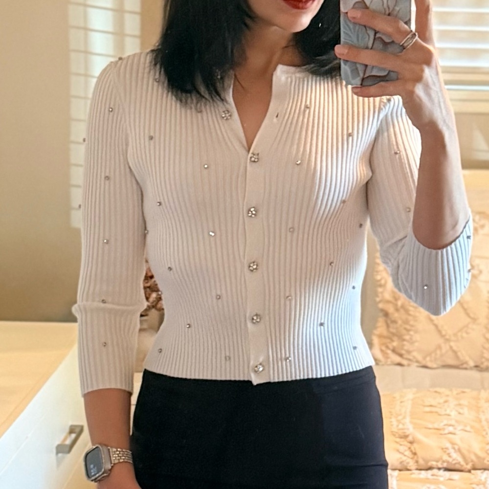 Zara White Ribbed Rhinestone Buttoned Cardigan Top